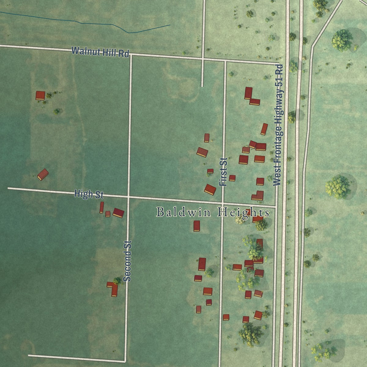 Second close-up of the map of Irvington, Illinois print showing more streets and buildings