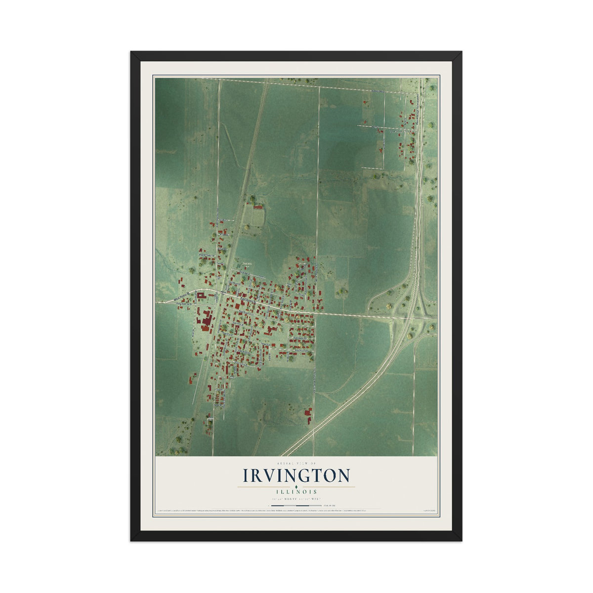 Map of Irvington, Illinois, 12 x 18 inch print in a black wood frame