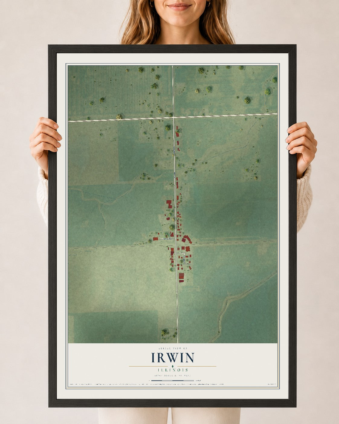 Map of Irwin, Illinois, 24 x 36 inch print in a black wood frame