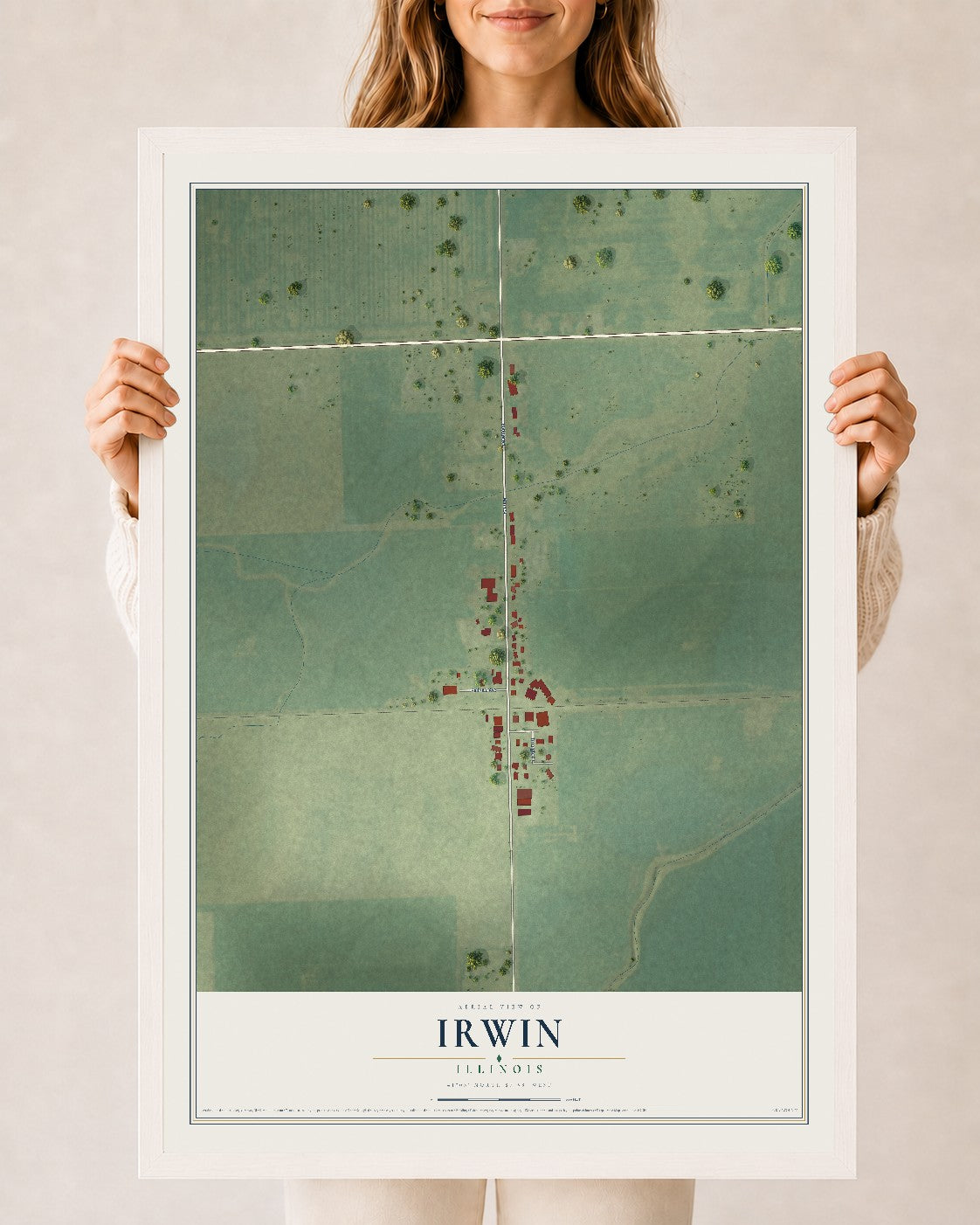 Map of Irwin, Illinois, 24 x 36 inch print in a white wood frame