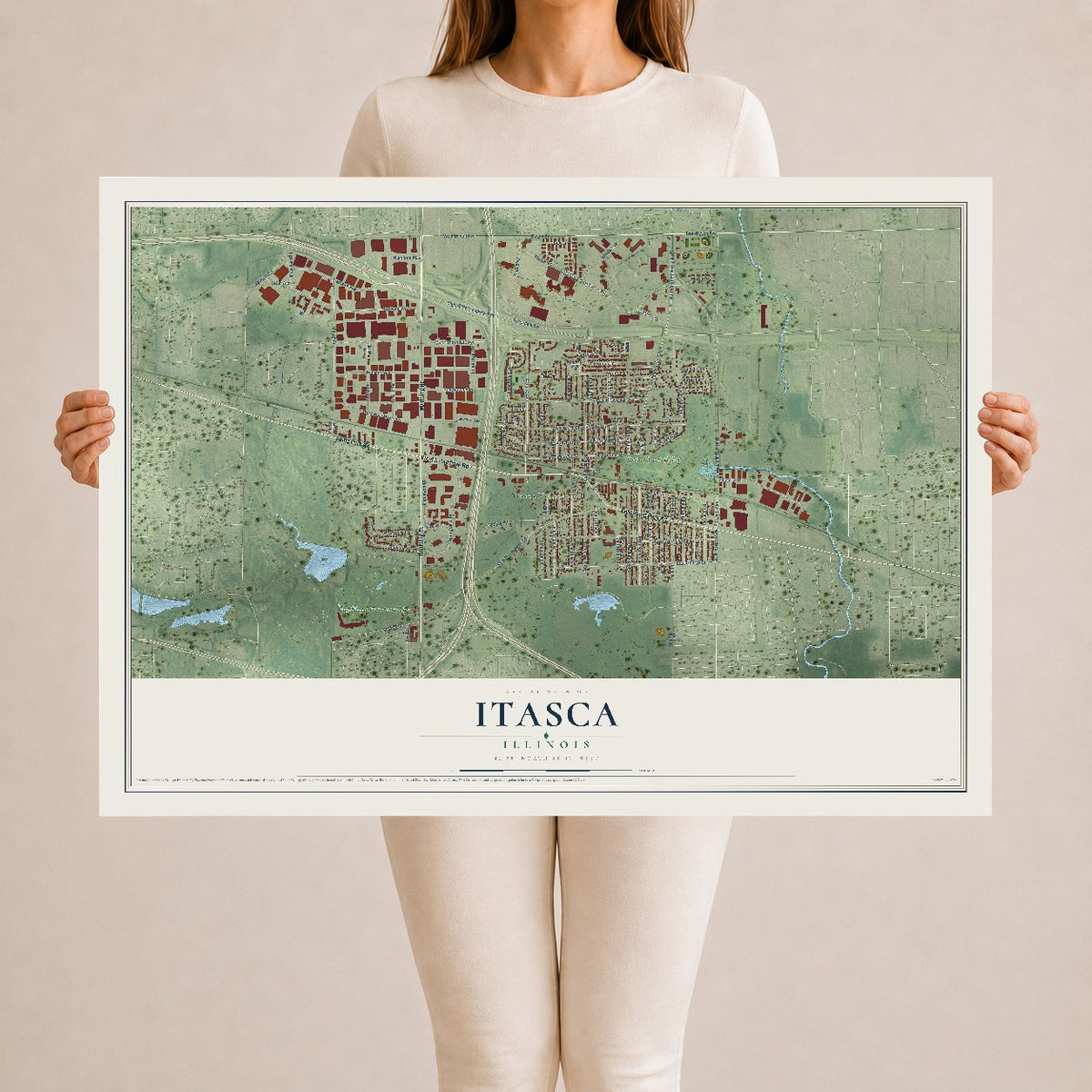 Map of Itasca, Illinois, 24 x 36 inch unframed archival matte print