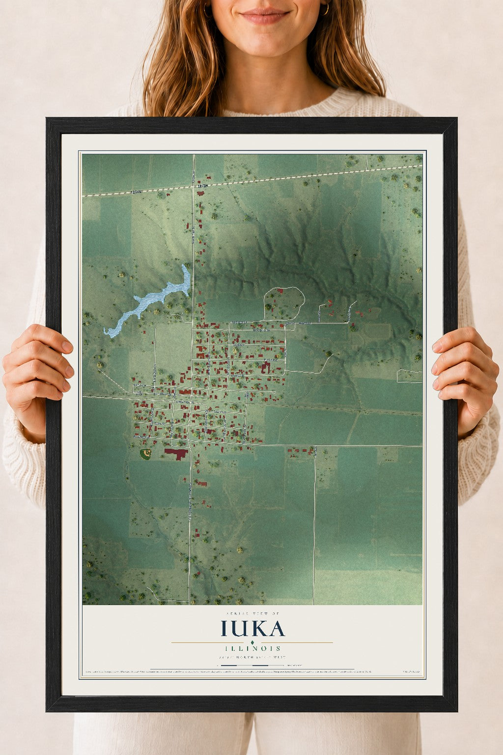 Map of Iuka, Illinois, 18 x 24 inch print in a black wood frame