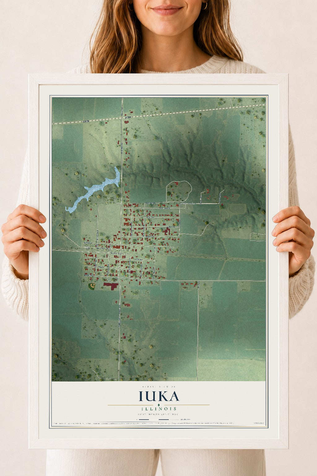 Map of Iuka, Illinois, 18 x 24 inch print in a white wood frame