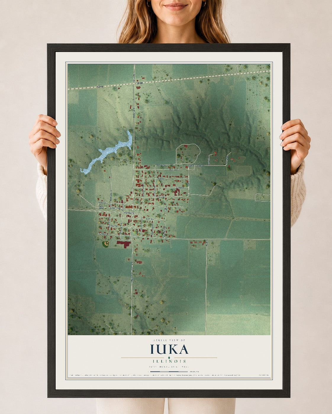 Map of Iuka, Illinois, 24 x 36 inch print in a black wood frame