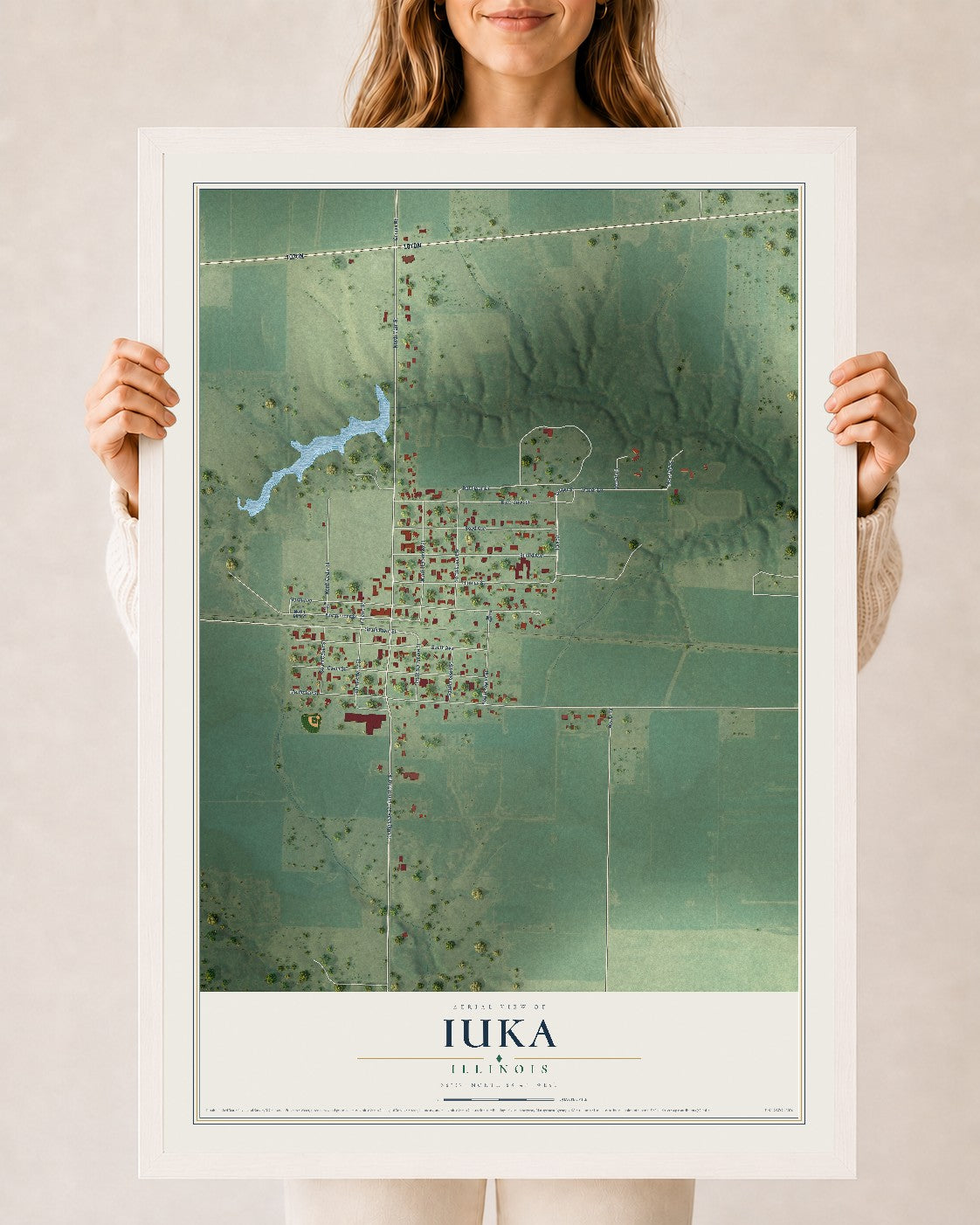 Map of Iuka, Illinois, 24 x 36 inch print in a white wood frame