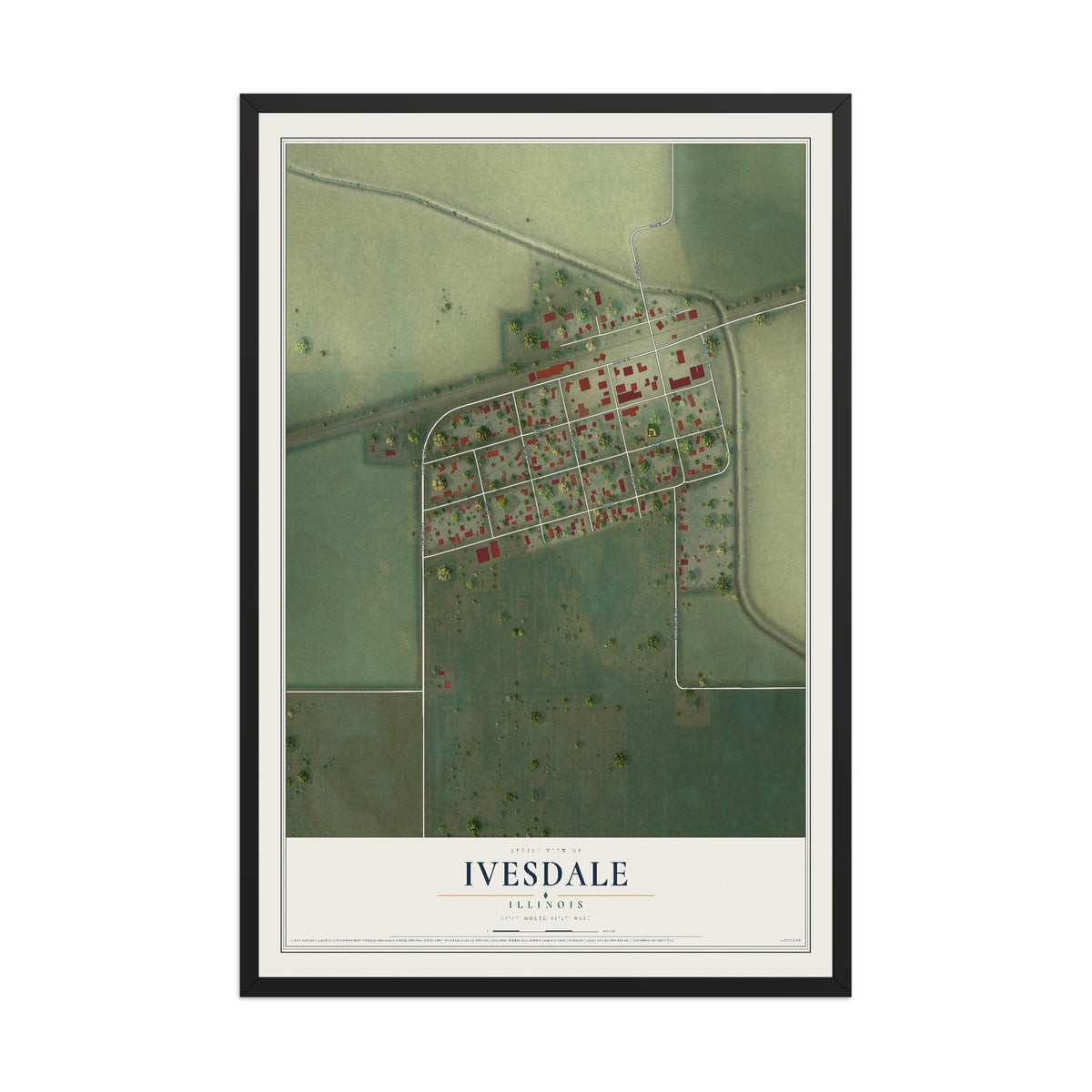 Map of Ivesdale, Illinois, 12 x 18 inch print in a black wood frame