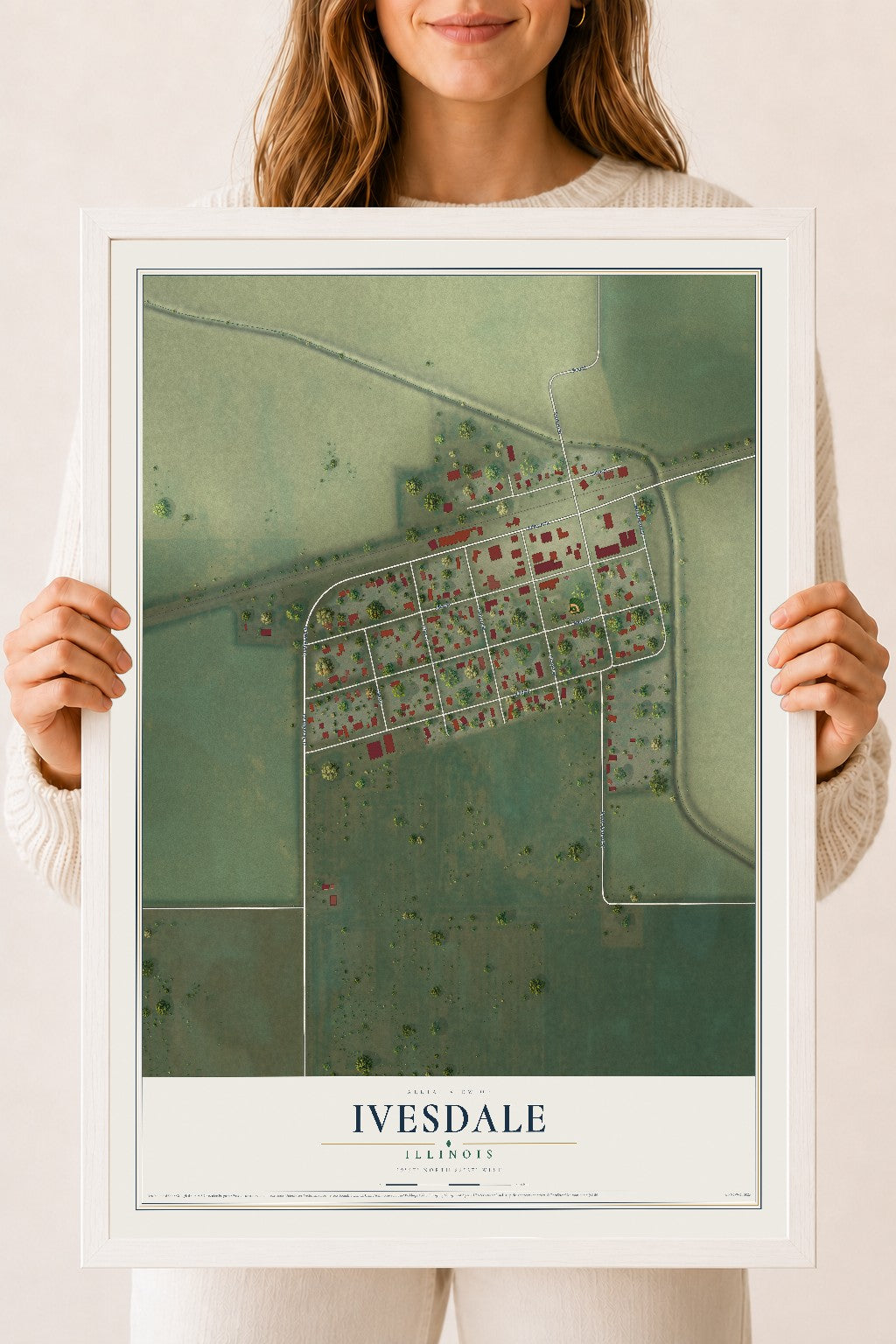 Map of Ivesdale, Illinois, 18 x 24 inch print in a white wood frame