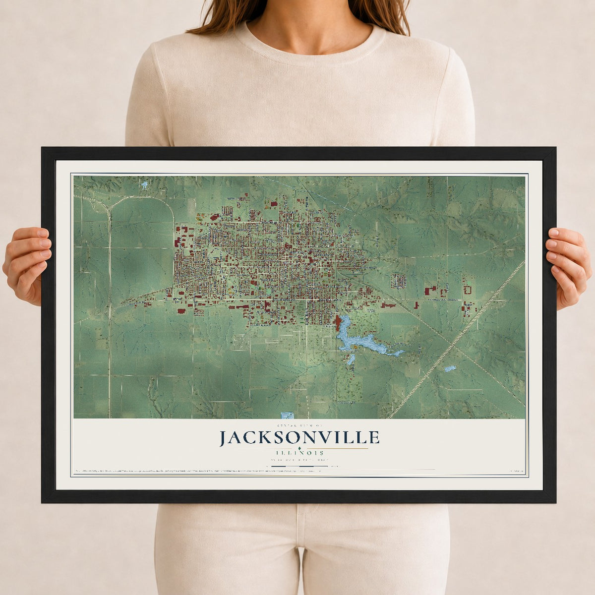 Map of Jacksonville, Illinois, 12 x 18 inch print in a black wood frame