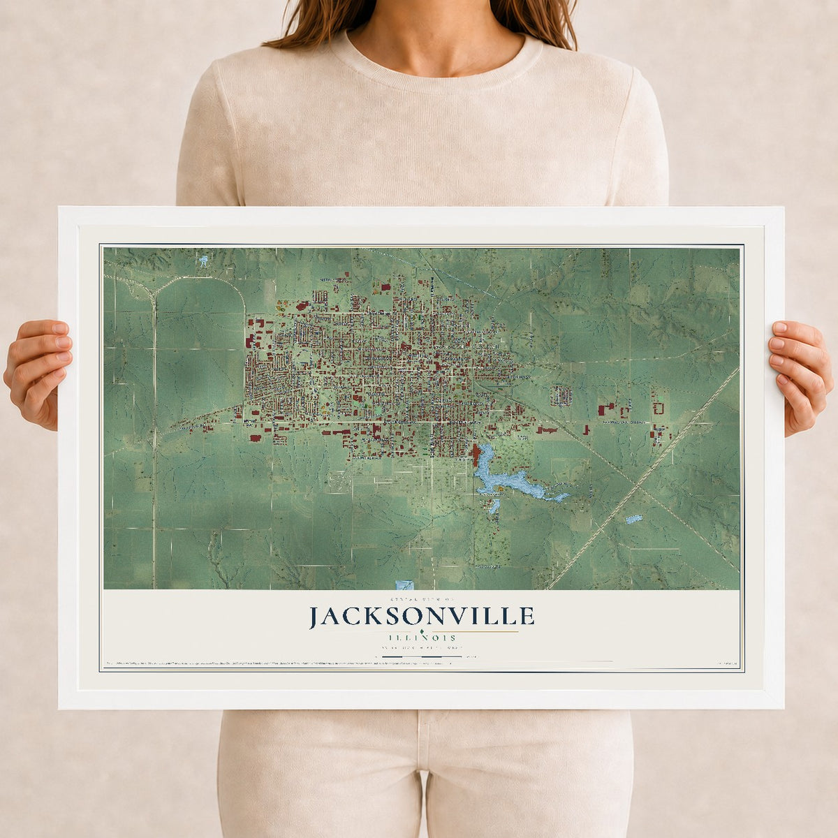 Map of Jacksonville, Illinois, 12 x 18 inch print in a white wood frame