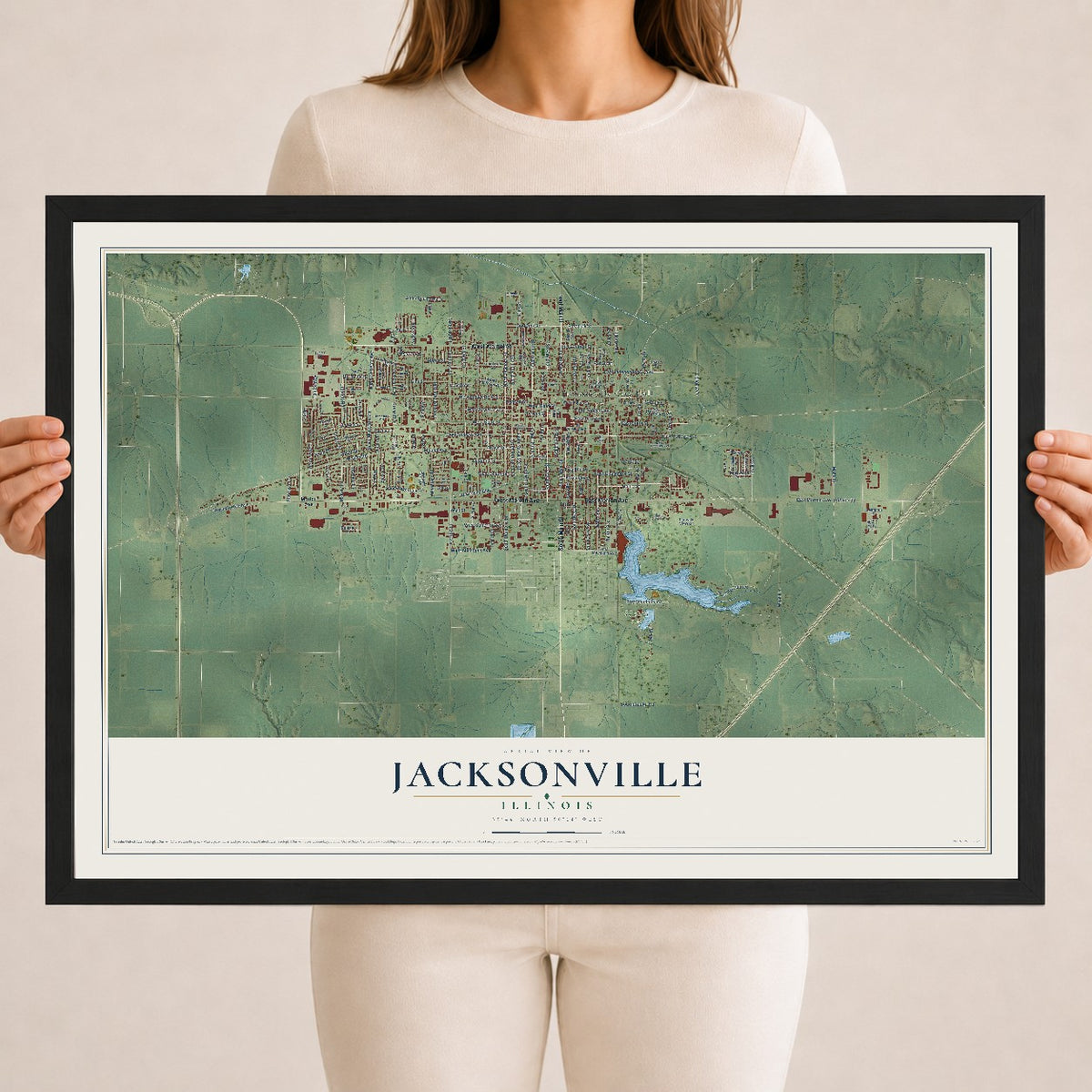 Map of Jacksonville, Illinois, 18 x 24 inch print in a black wood frame