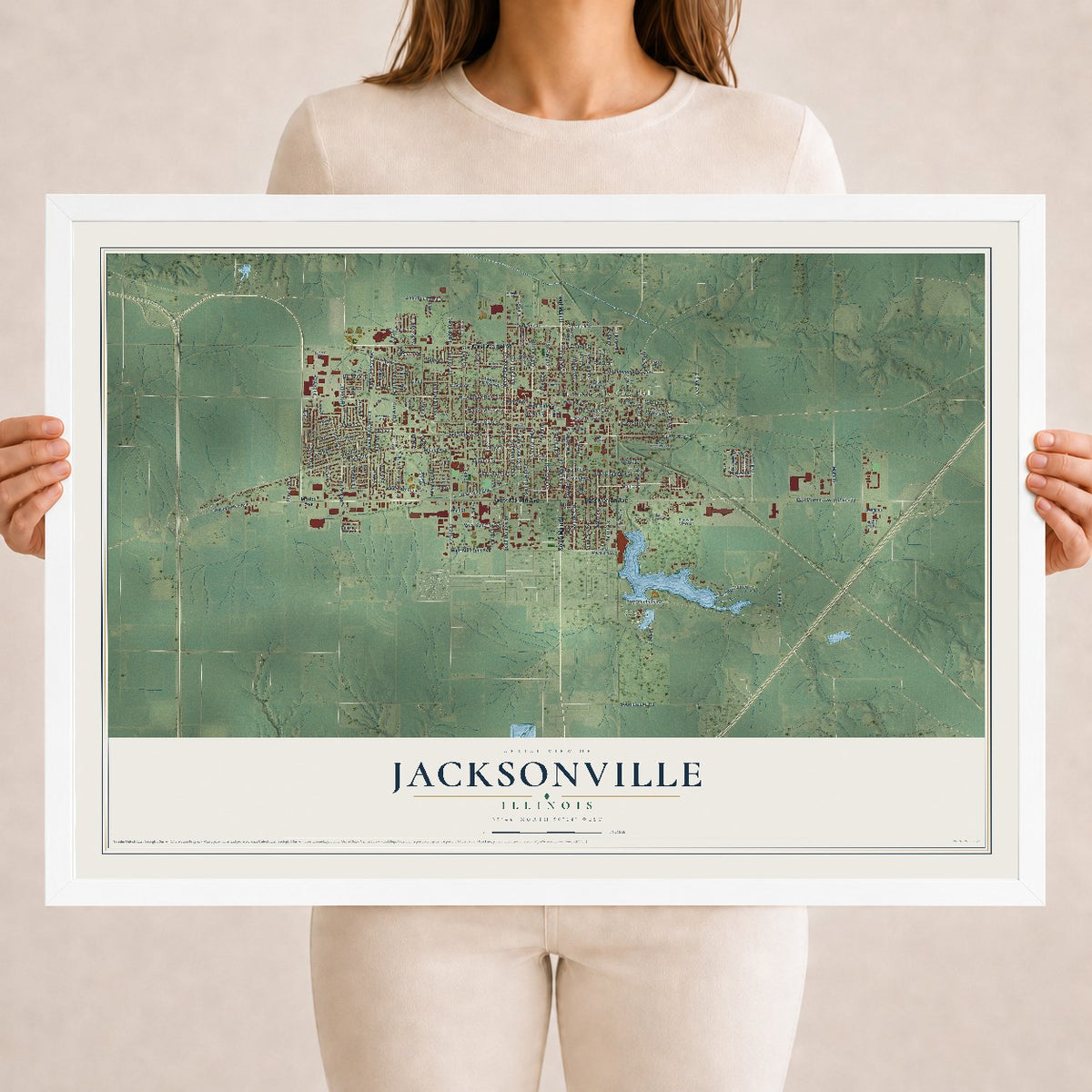 Map of Jacksonville, Illinois, 18 x 24 inch print in a white wood frame