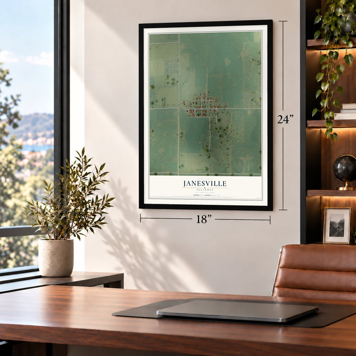 Janesville, Illinois map, 18 x 24 inch print in a black frame in a home office