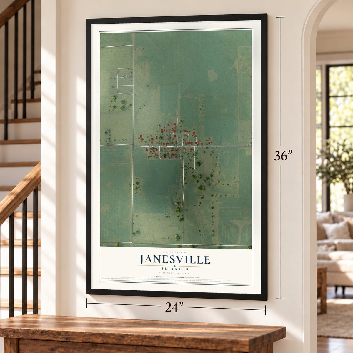 Janesville, Illinois map, 24 x 36 inch print in a black frame by a staircase