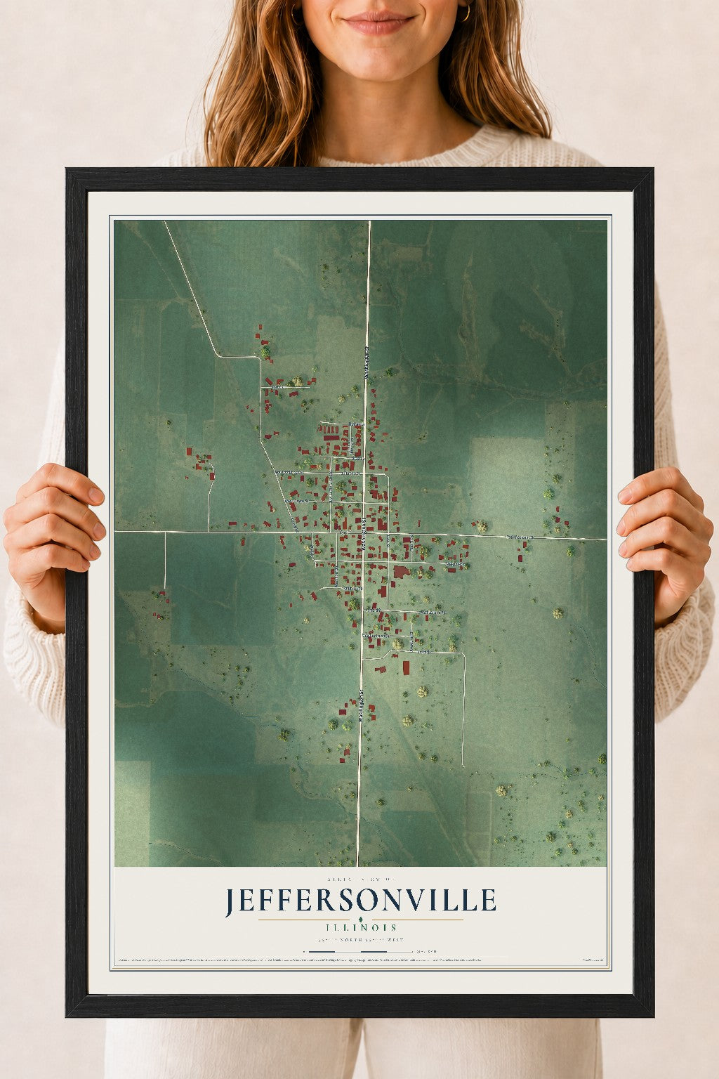 Map of Jeffersonville, Illinois, 18 x 24 inch print in a black wood frame