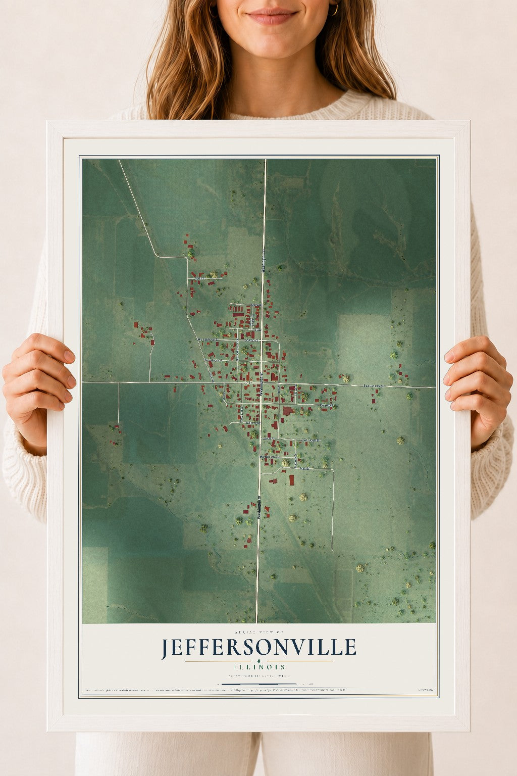Map of Jeffersonville, Illinois, 18 x 24 inch print in a white wood frame