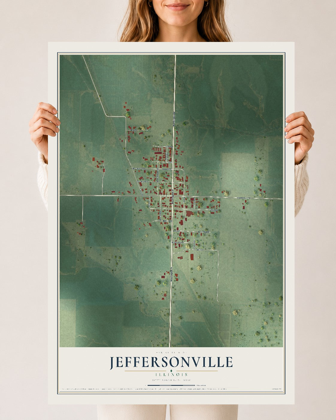 Map of Jeffersonville, Illinois, 24 x 36 inch unframed archival matte print