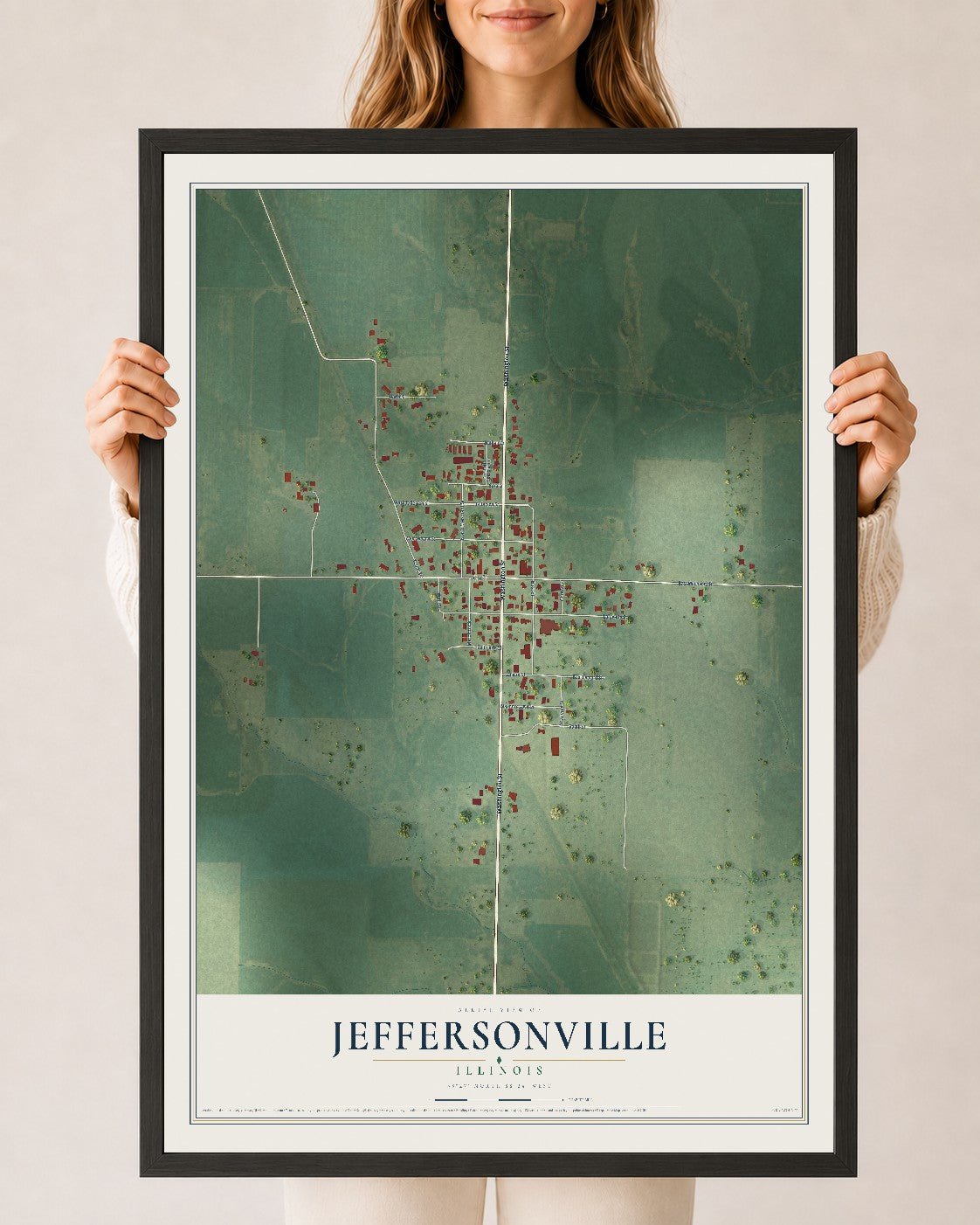 Map of Jeffersonville, Illinois, 24 x 36 inch print in a black wood frame