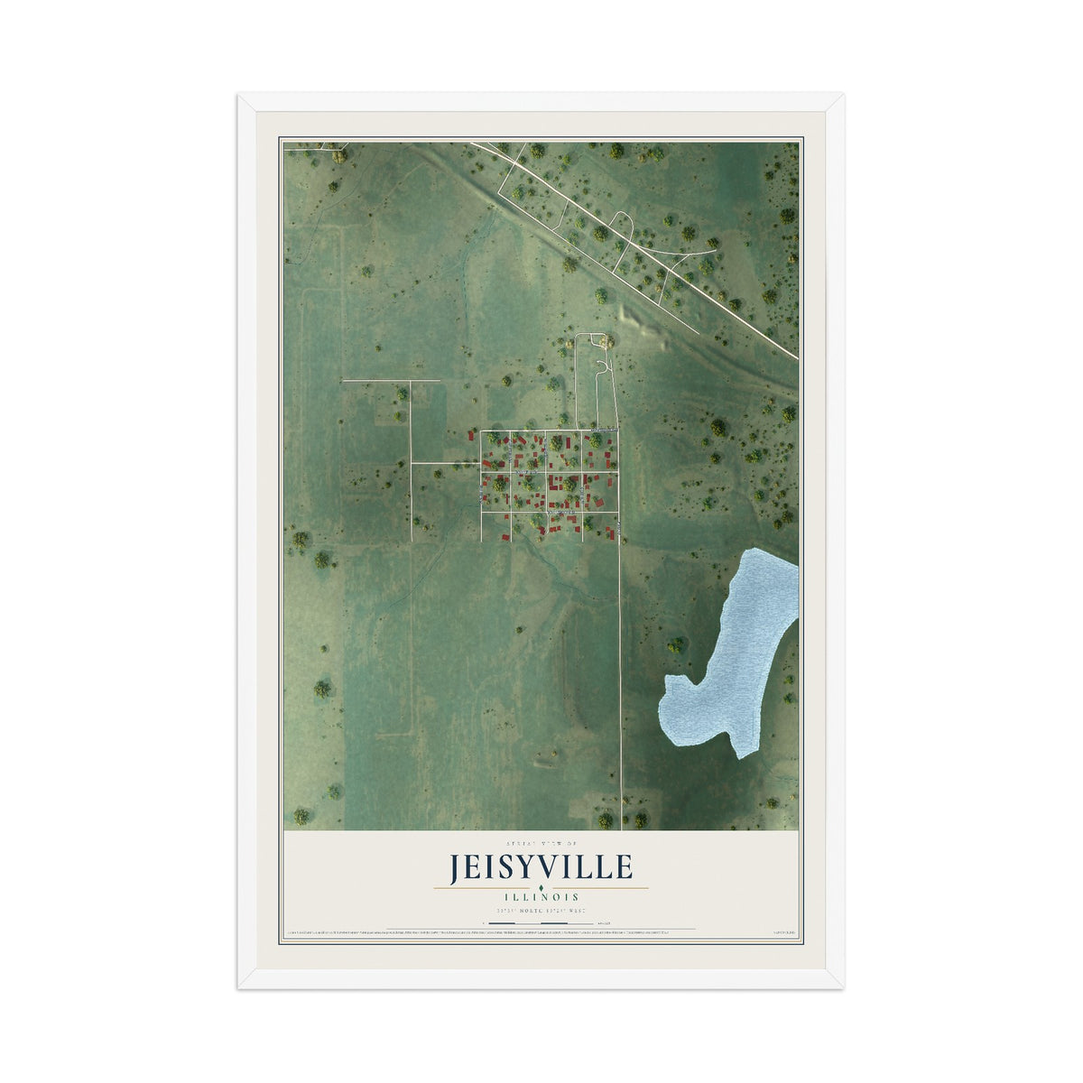 Map of Jeisyville, Illinois, 12 x 18 inch print in a white wood frame