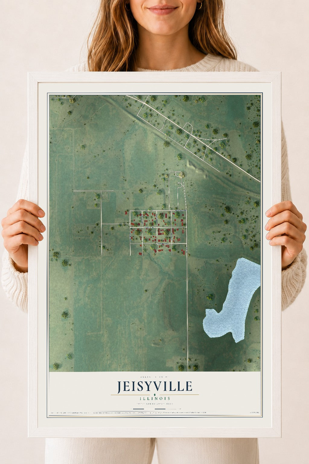 Map of Jeisyville, Illinois, 18 x 24 inch print in a white wood frame