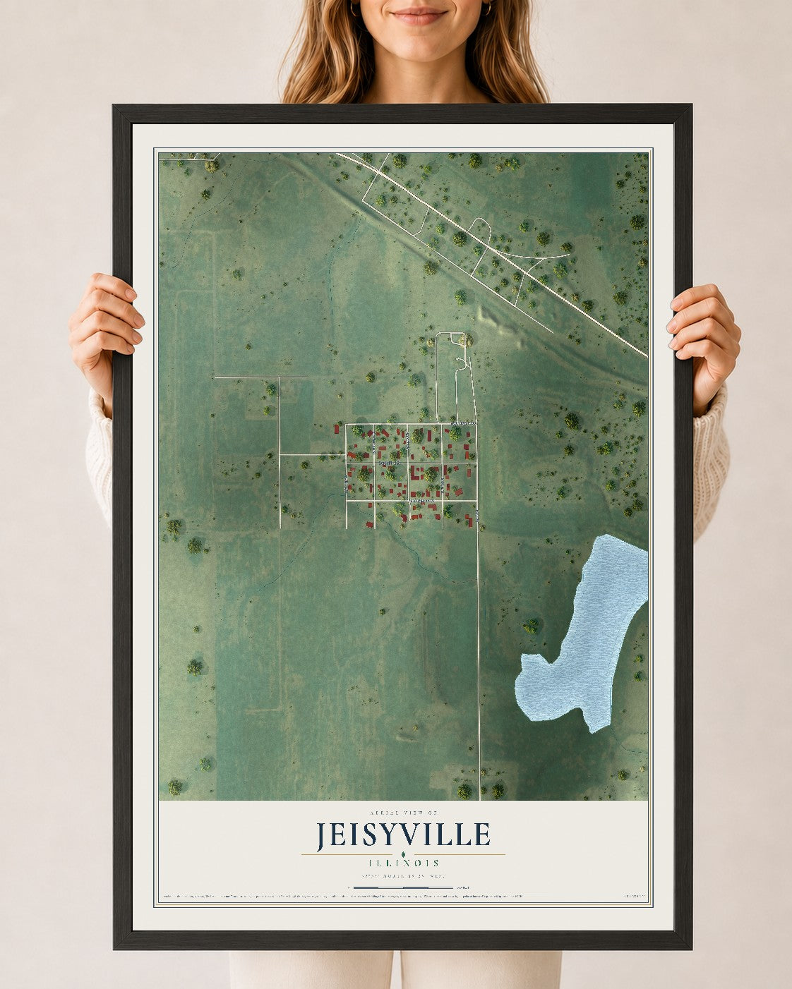 Map of Jeisyville, Illinois, 24 x 36 inch print in a black wood frame