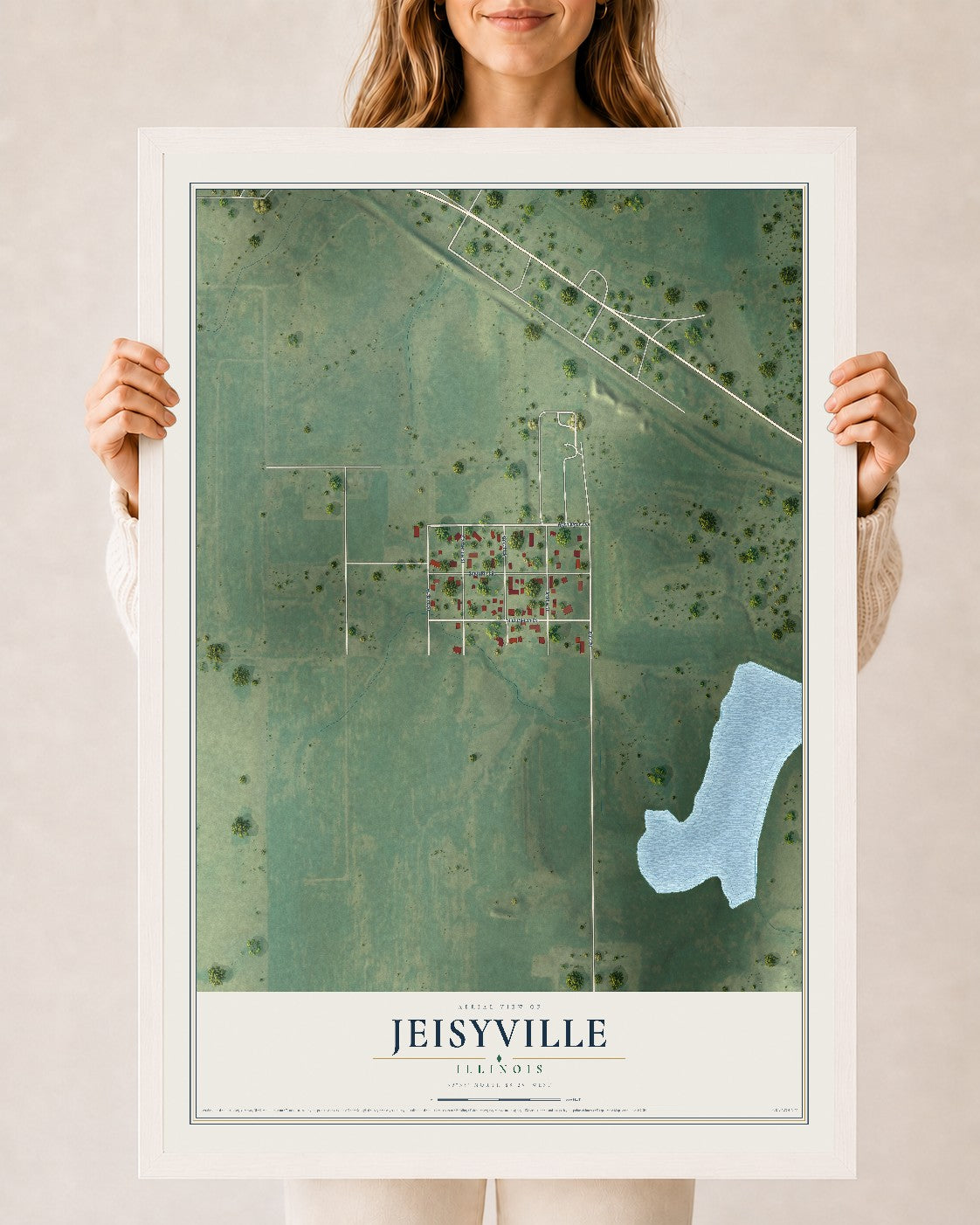 Map of Jeisyville, Illinois, 24 x 36 inch print in a white wood frame