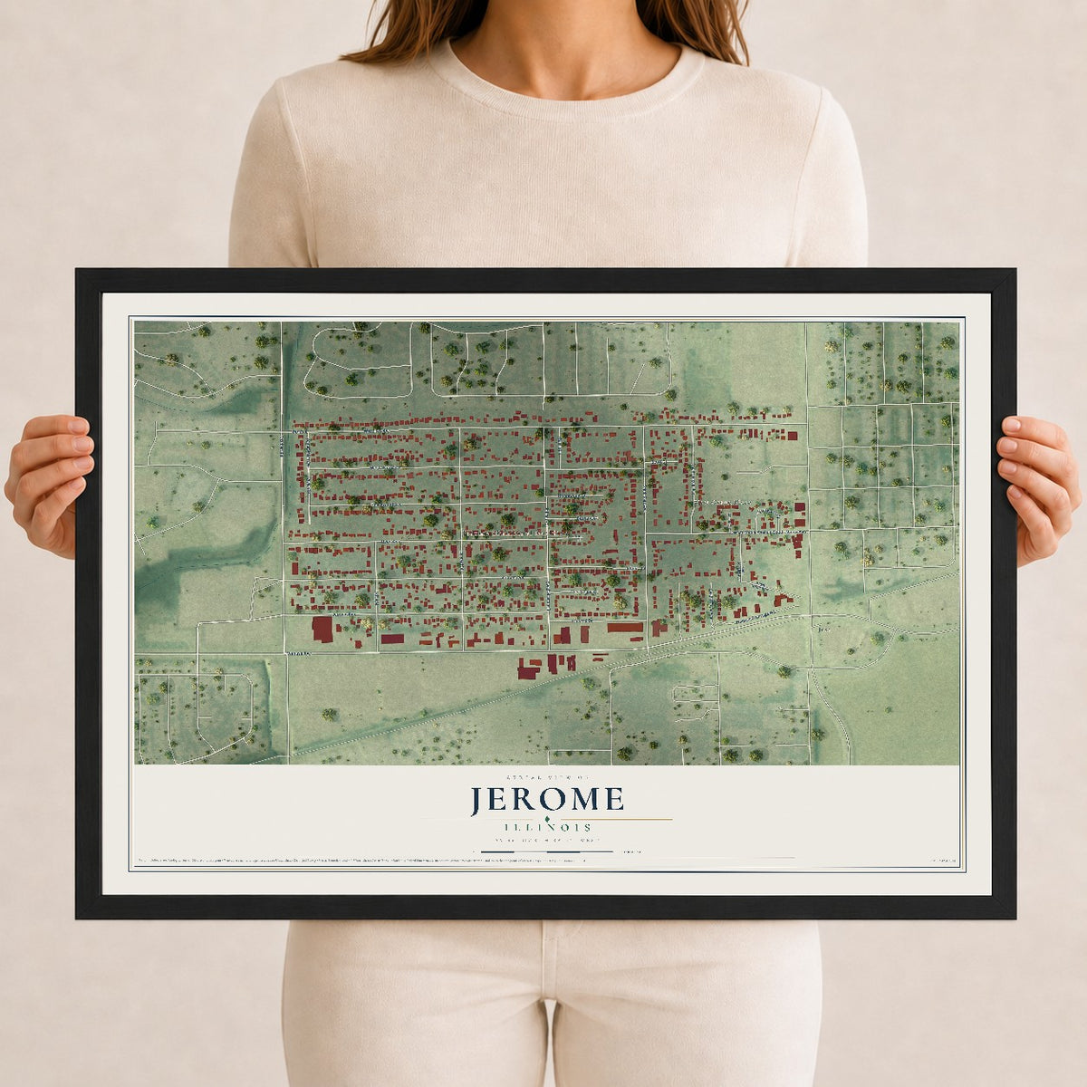 Map of Jerome, Illinois, 12 x 18 inch print in a black wood frame