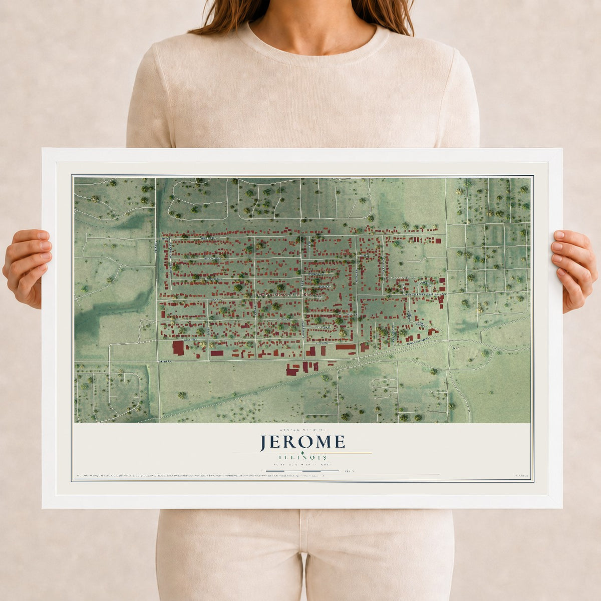 Map of Jerome, Illinois, 12 x 18 inch print in a white wood frame