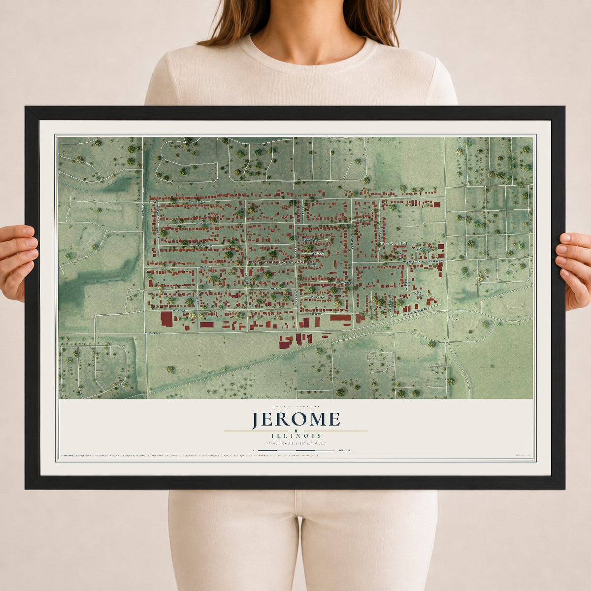 Map of Jerome, Illinois, 18 x 24 inch print in a black wood frame