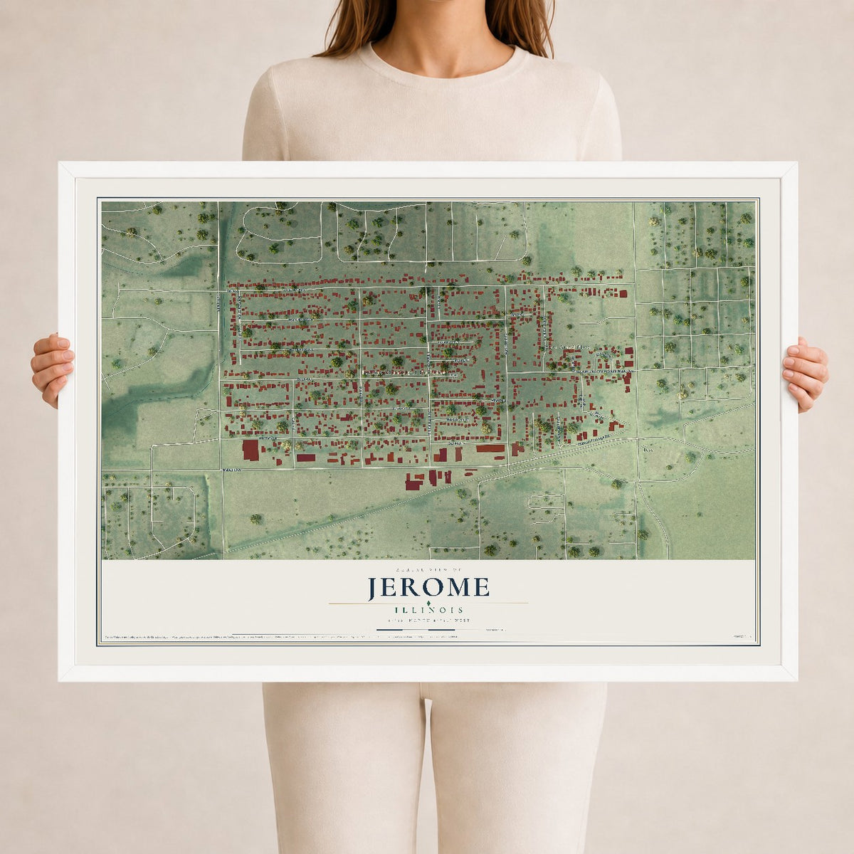 Map of Jerome, Illinois, 24 x 36 inch print in a white wood frame