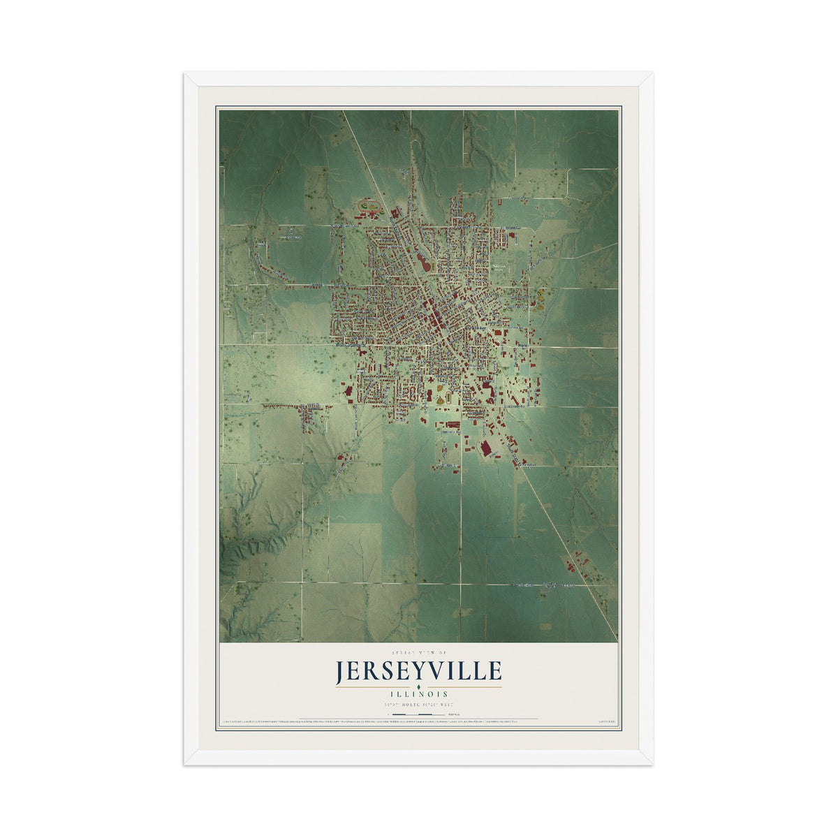 Map of Jerseyville, Illinois, 12 x 18 inch print in a white wood frame