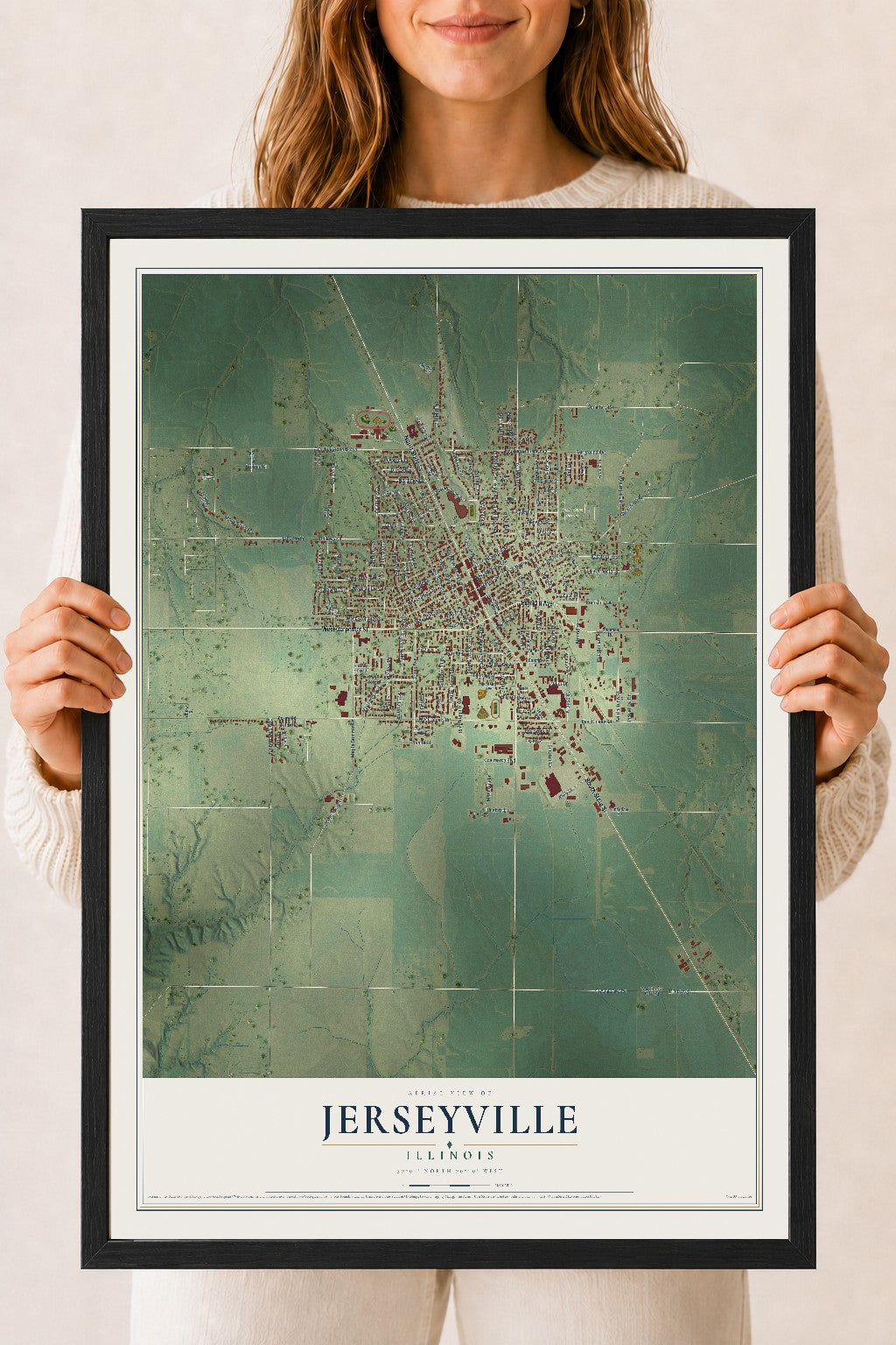 Map of Jerseyville, Illinois, 18 x 24 inch print in a black wood frame