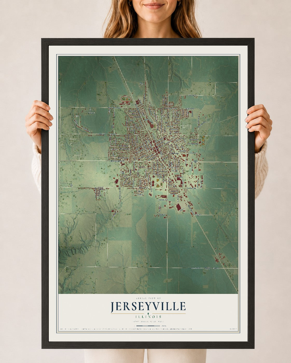 Map of Jerseyville, Illinois, 24 x 36 inch print in a black wood frame