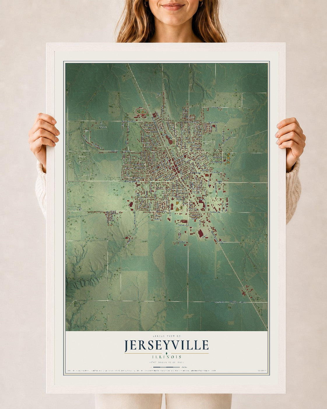 Map of Jerseyville, Illinois, 24 x 36 inch print in a white wood frame