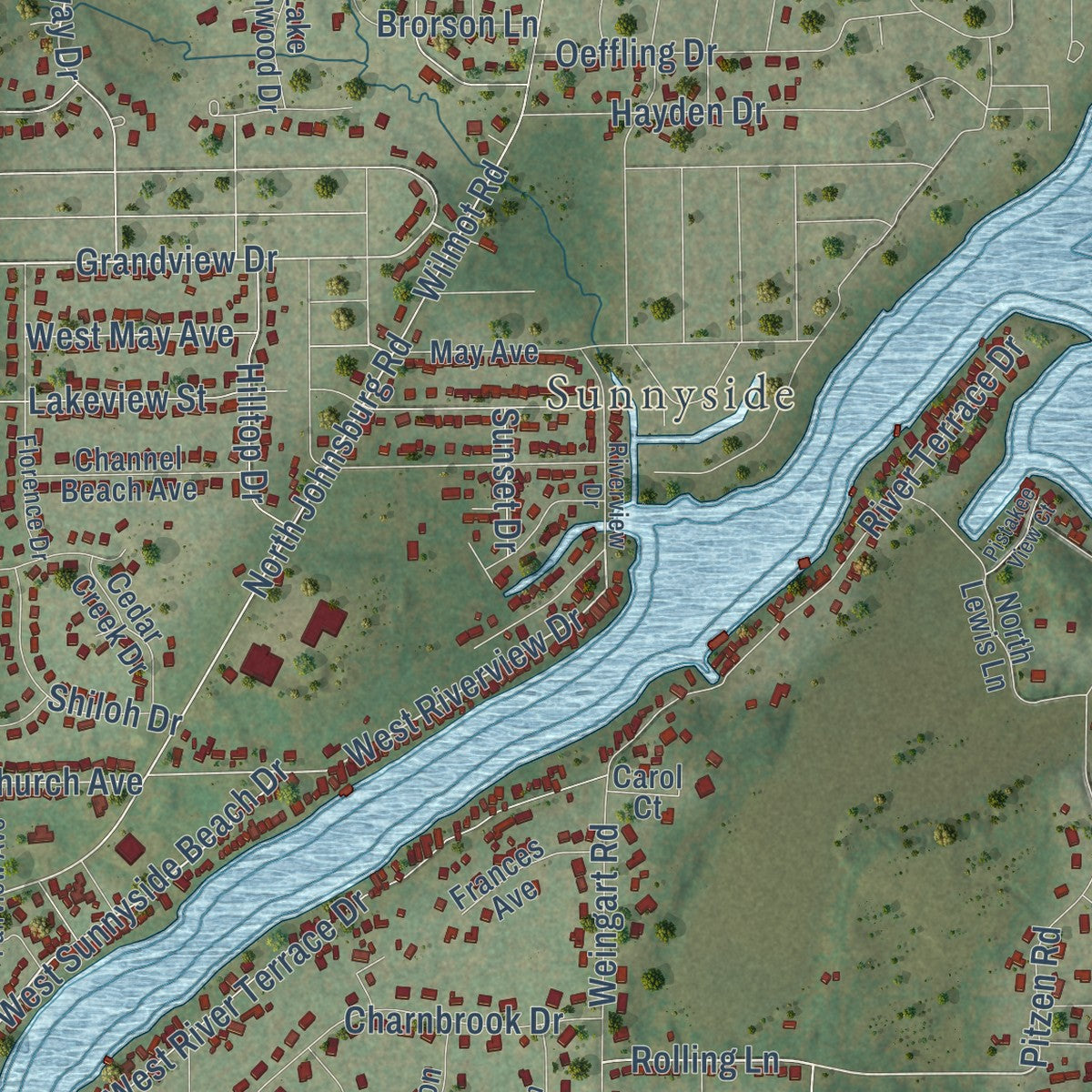 Second close-up of the map of Johnsburg, Illinois print showing more streets and buildings