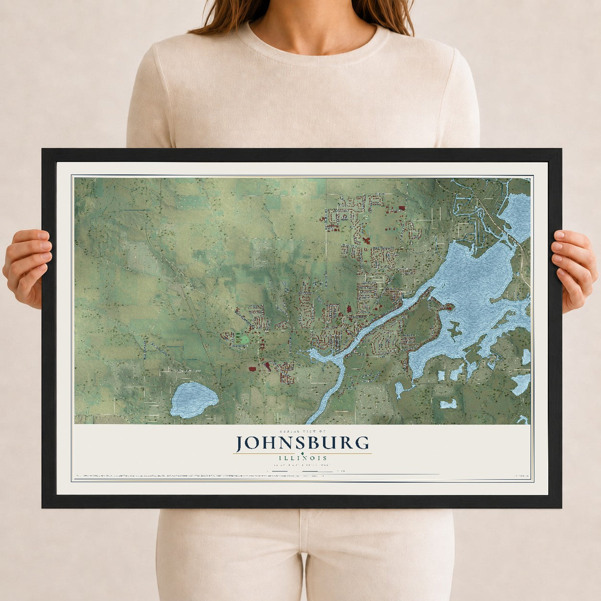 Map of Johnsburg, Illinois, 12 x 18 inch print in a black wood frame