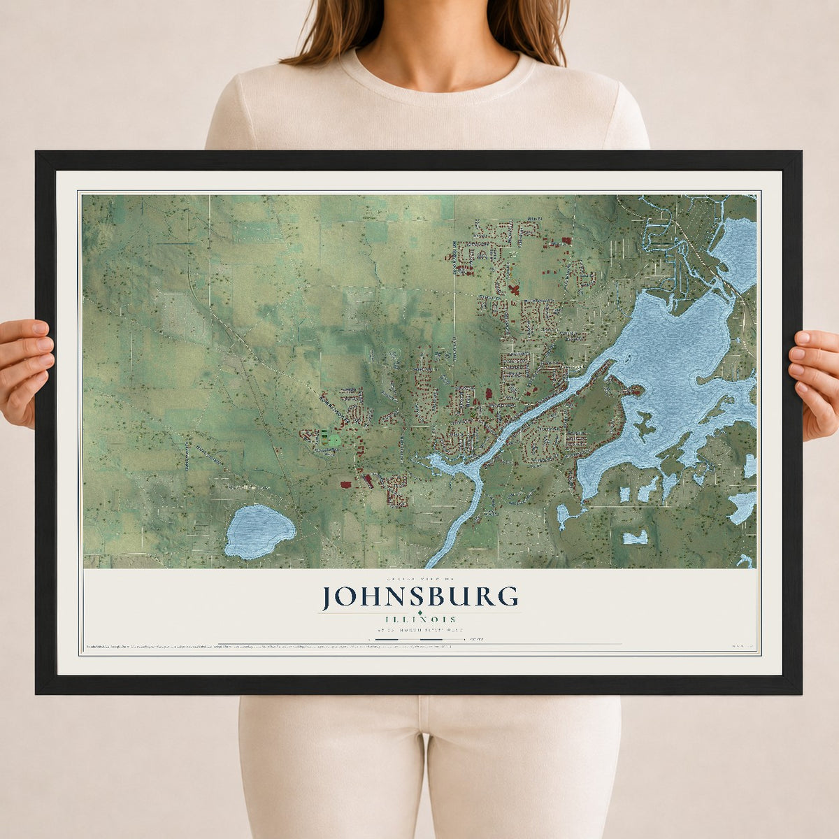 Map of Johnsburg, Illinois, 18 x 24 inch print in a black wood frame