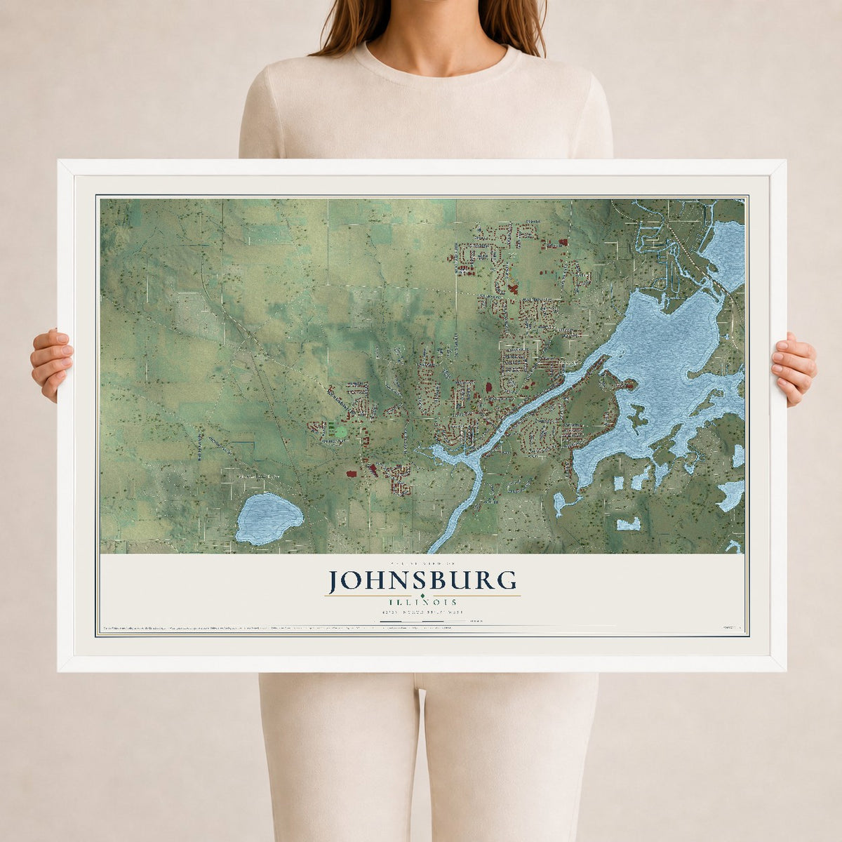 Map of Johnsburg, Illinois, 24 x 36 inch print in a white wood frame