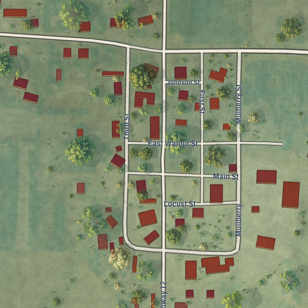 Close-up of the map of Johnsonville, Illinois print showing street and building detail
