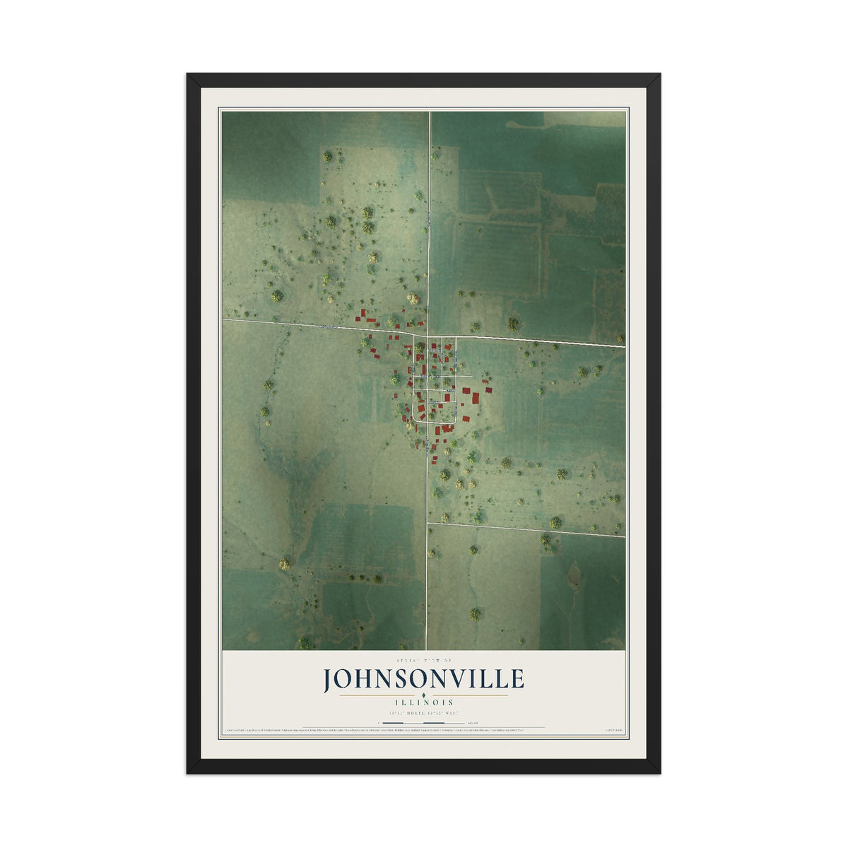 Map of Johnsonville, Illinois, 12 x 18 inch print in a black wood frame