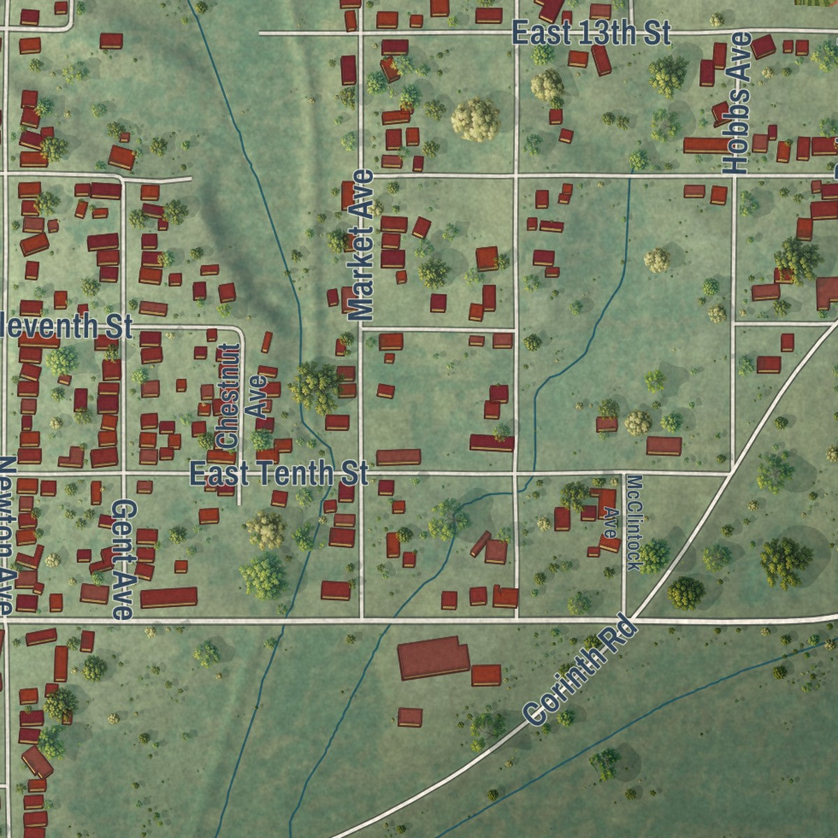 Second close-up of the map of Johnston City, Illinois print showing more streets and buildings