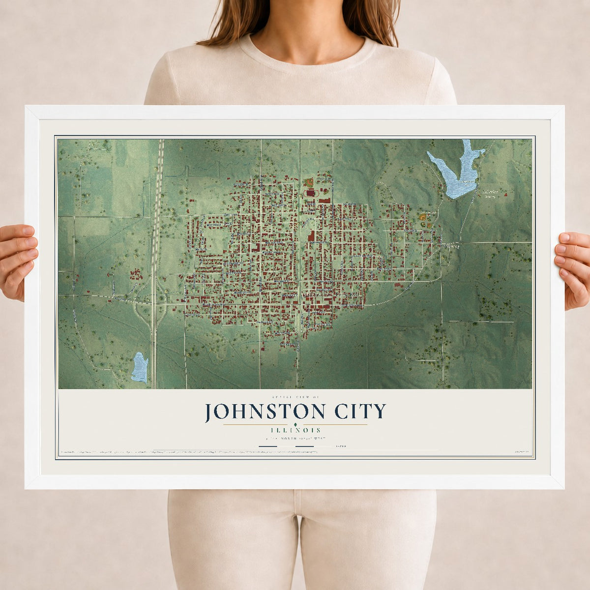 Map of Johnston City, Illinois, 18 x 24 inch print in a white wood frame