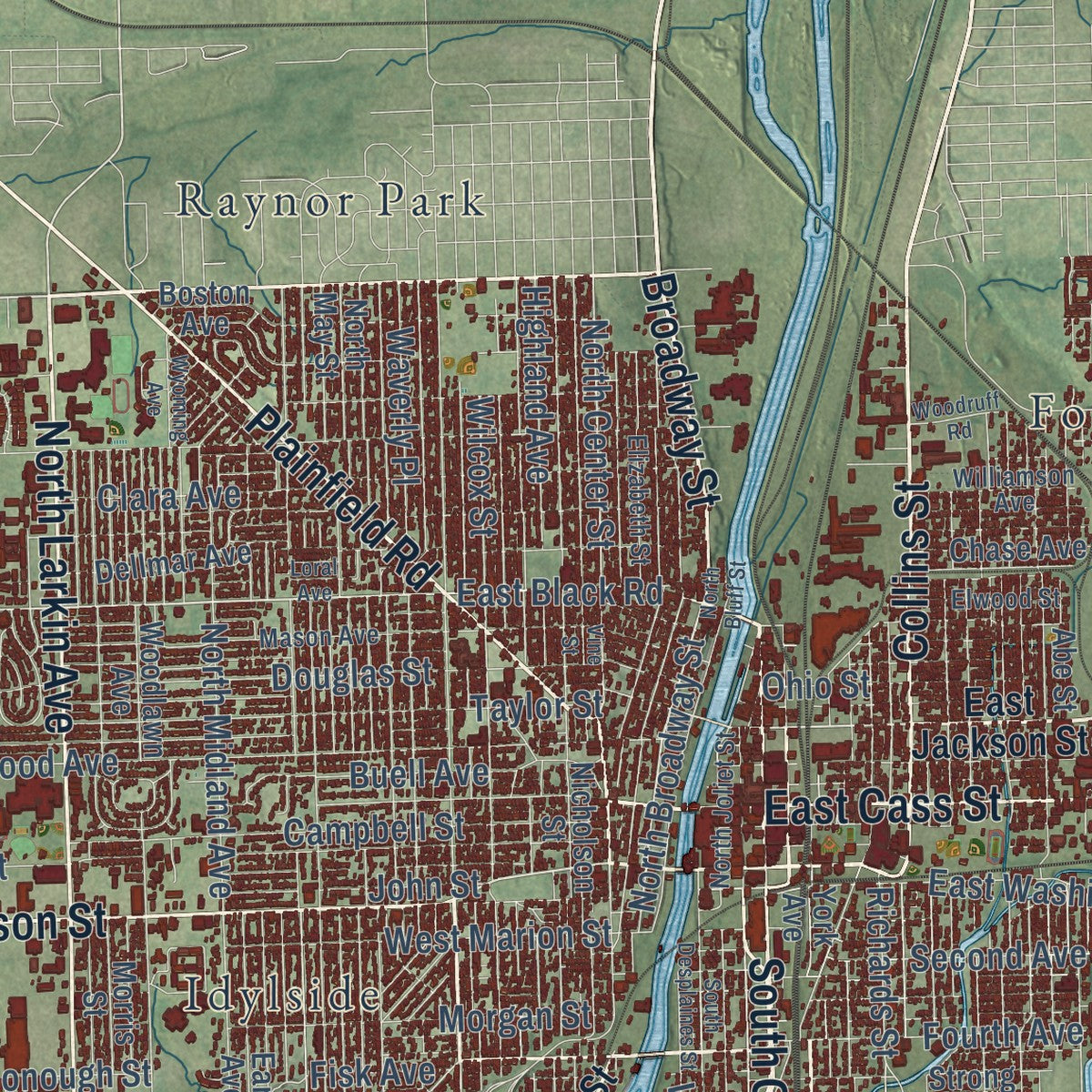 Close-up of the map of Joliet, Illinois print showing street and building detail