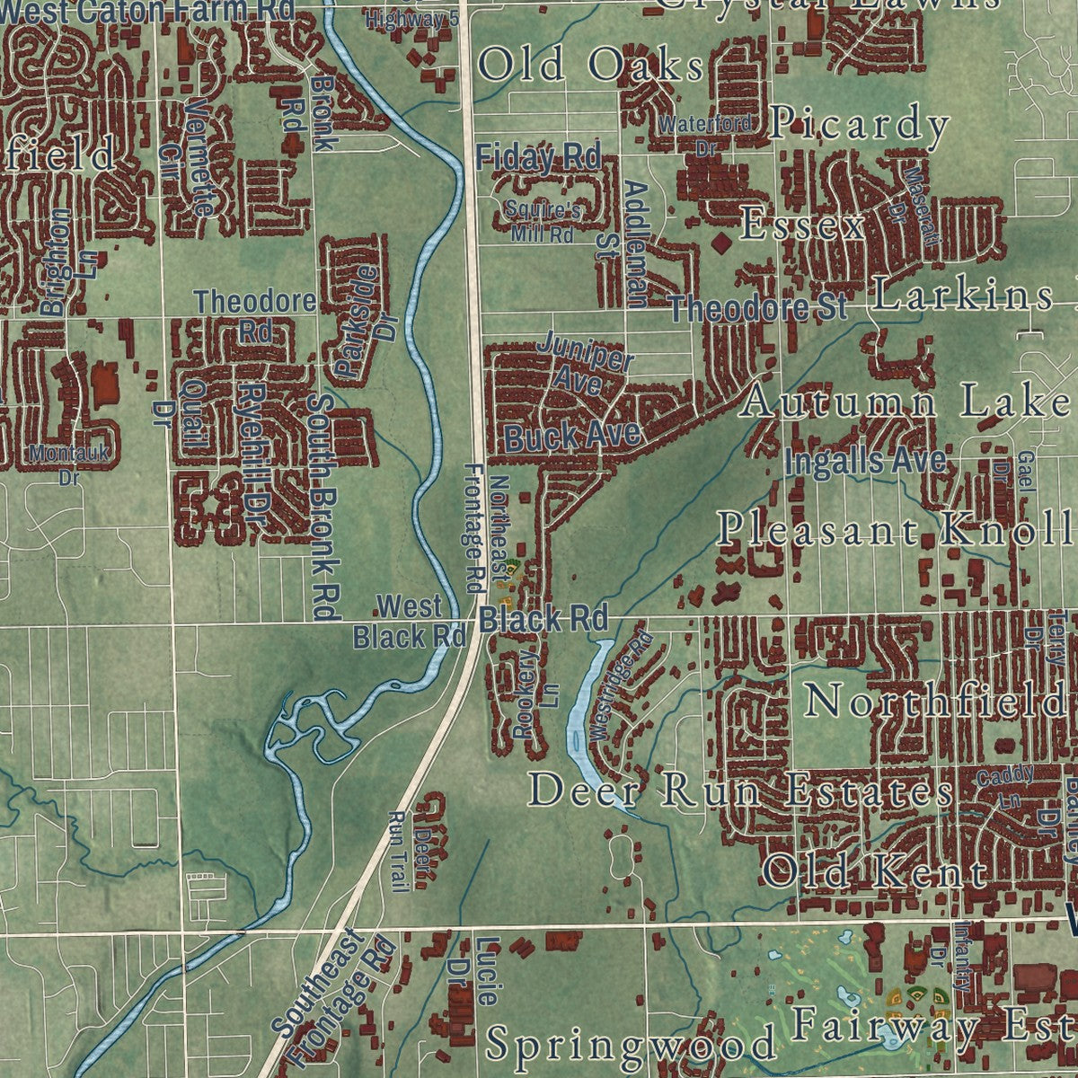 Second close-up of the map of Joliet, Illinois print showing more streets and buildings