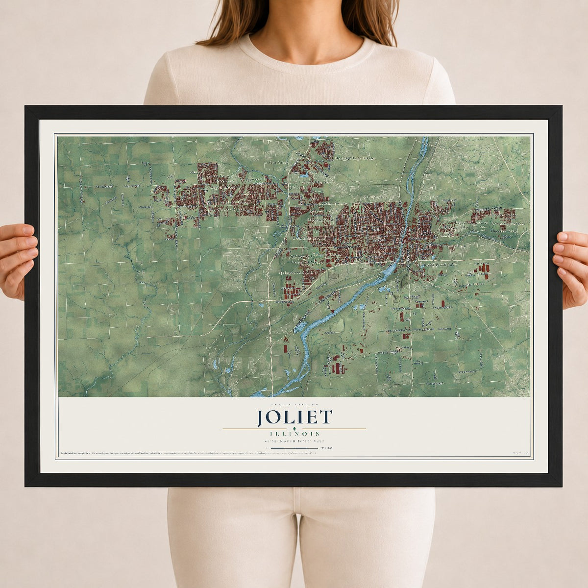 Map of Joliet, Illinois, 18 x 24 inch print in a black wood frame