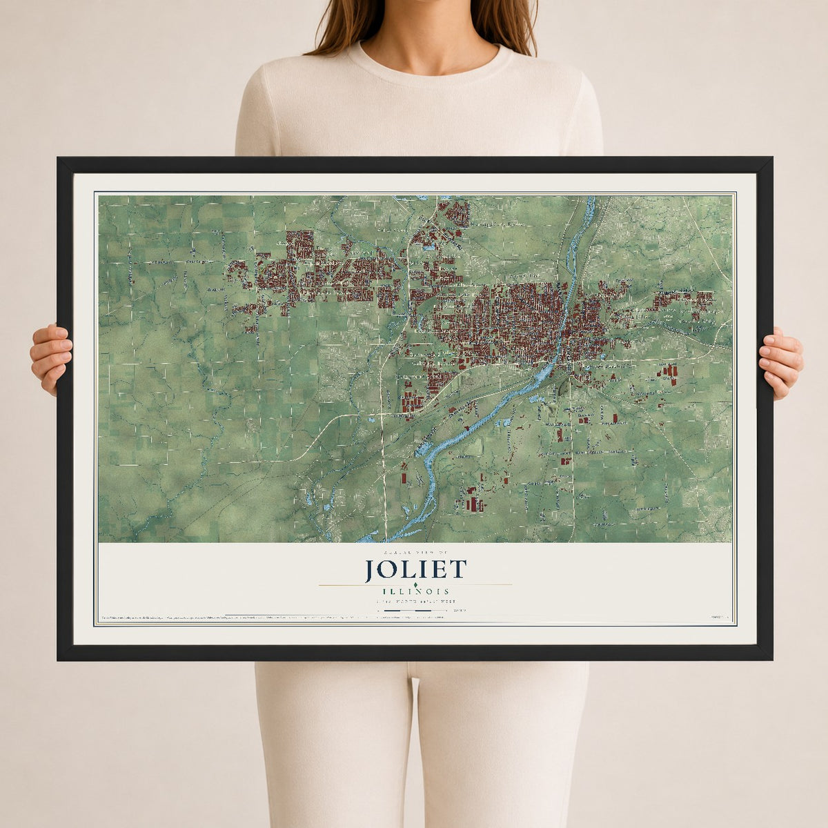 Map of Joliet, Illinois, 24 x 36 inch print in a black wood frame