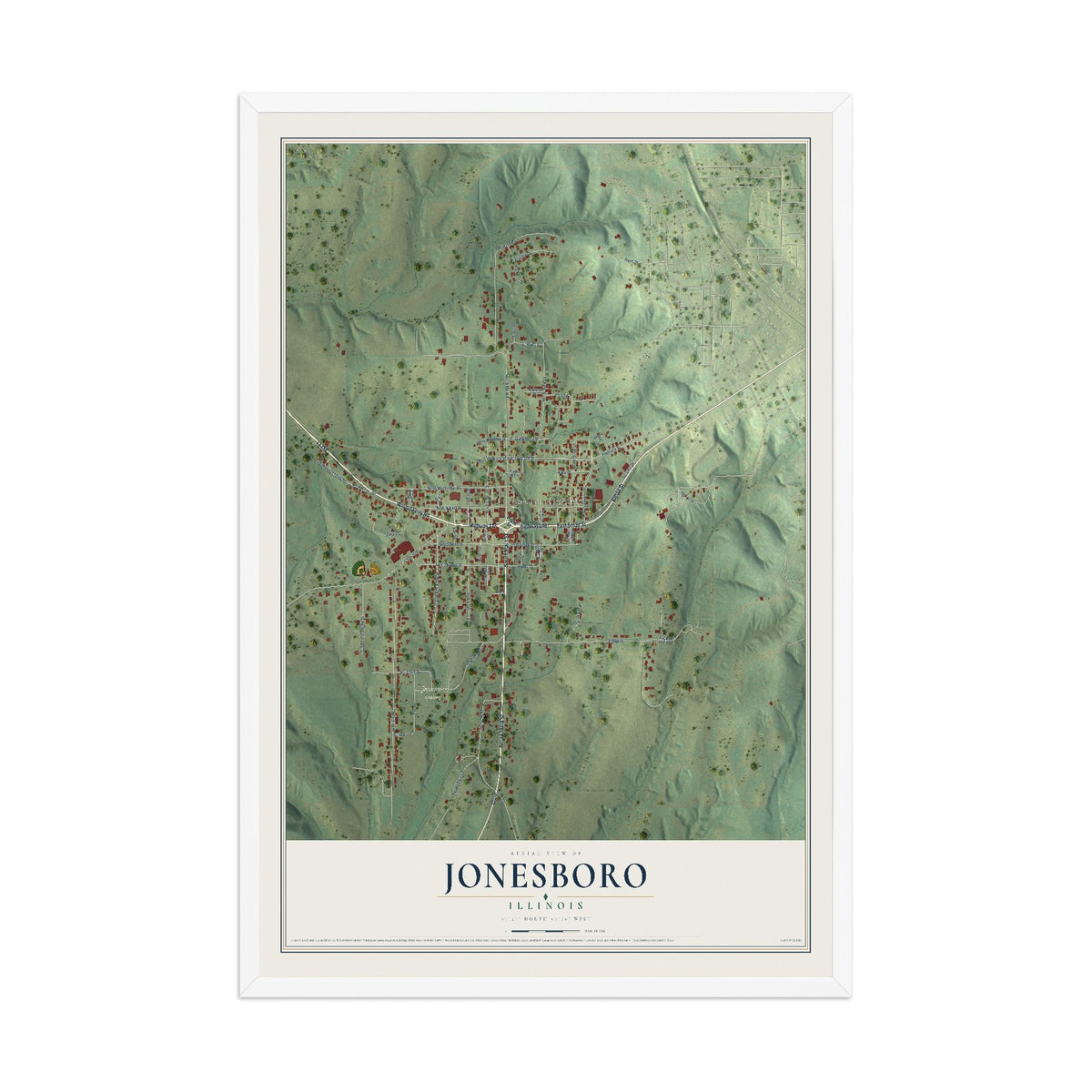 Map of Jonesboro, Illinois, 12 x 18 inch print in a white wood frame