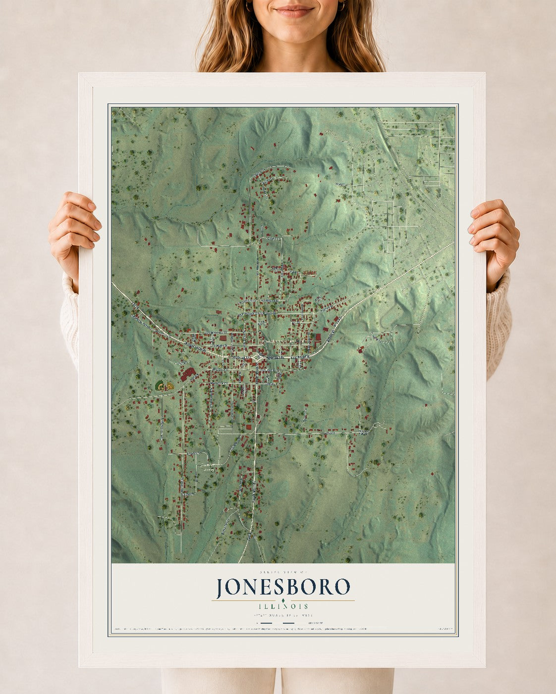Map of Jonesboro, Illinois, 24 x 36 inch print in a white wood frame