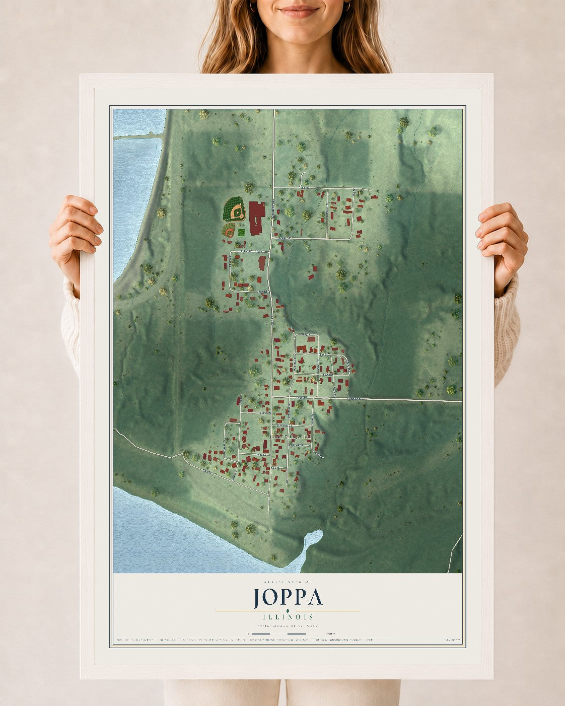 Map of Joppa, Illinois, 24 x 36 inch print in a white wood frame