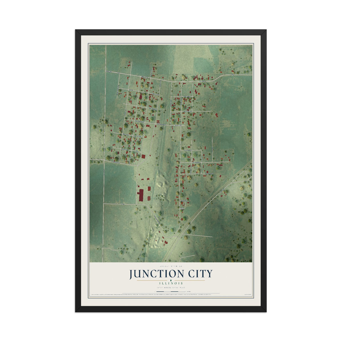 Map of Junction City, Illinois, 12 x 18 inch print in a black wood frame
