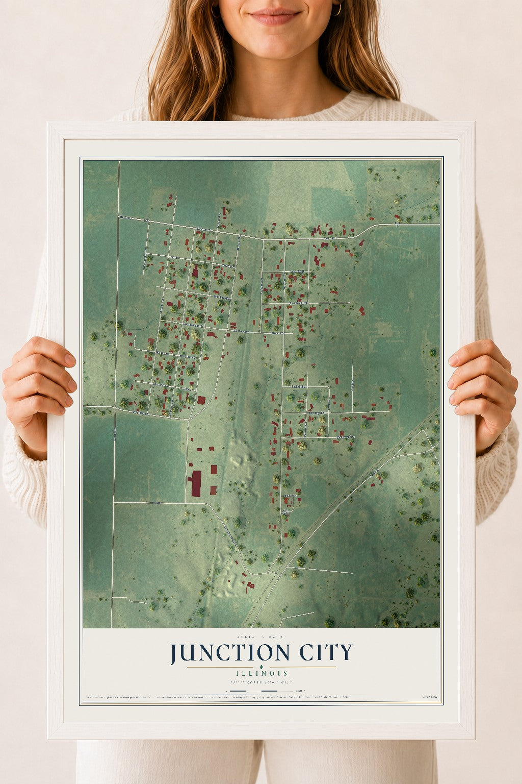 Map of Junction City, Illinois, 18 x 24 inch print in a white wood frame